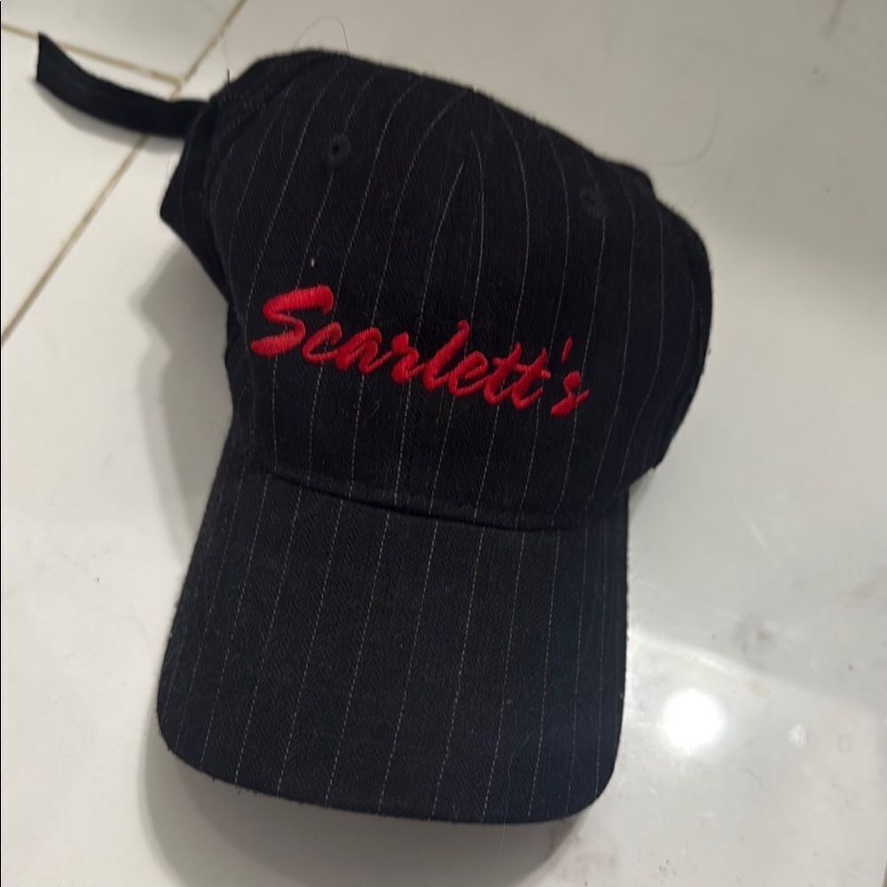 Black Pinstripe SCARLETTS Cabaret Hat - Red Embroidery - Adjustable Baseball Hat